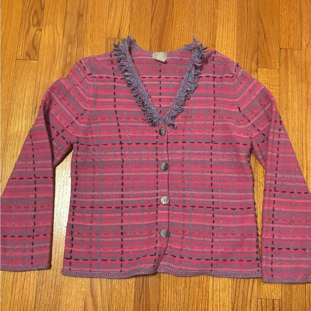 Sigrid Olsen Sport PM Fringe Vee Jacket Sweater Pink Plaid